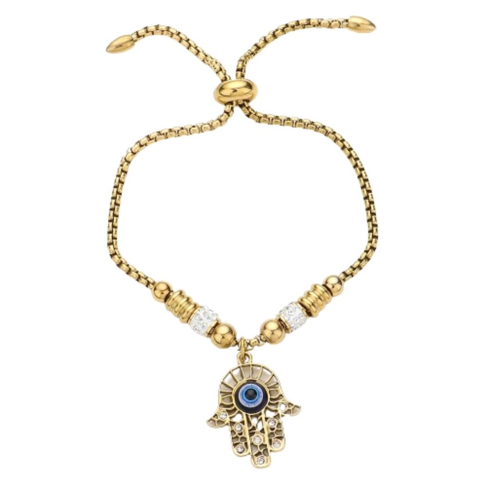 Stone Paved Evil Eye Pendant Pull Tie Cinch Hamsa Bracelet